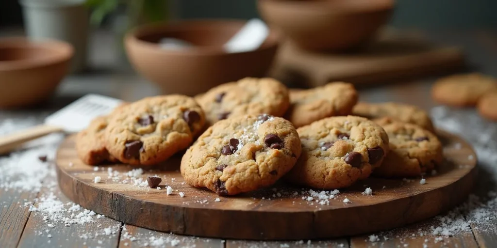 Frisch gebackene Schokoladen-Hasch Cookies auf einem Holzbrett, perfekt für alle, die Cannabis in Gebäck genießen möchten.