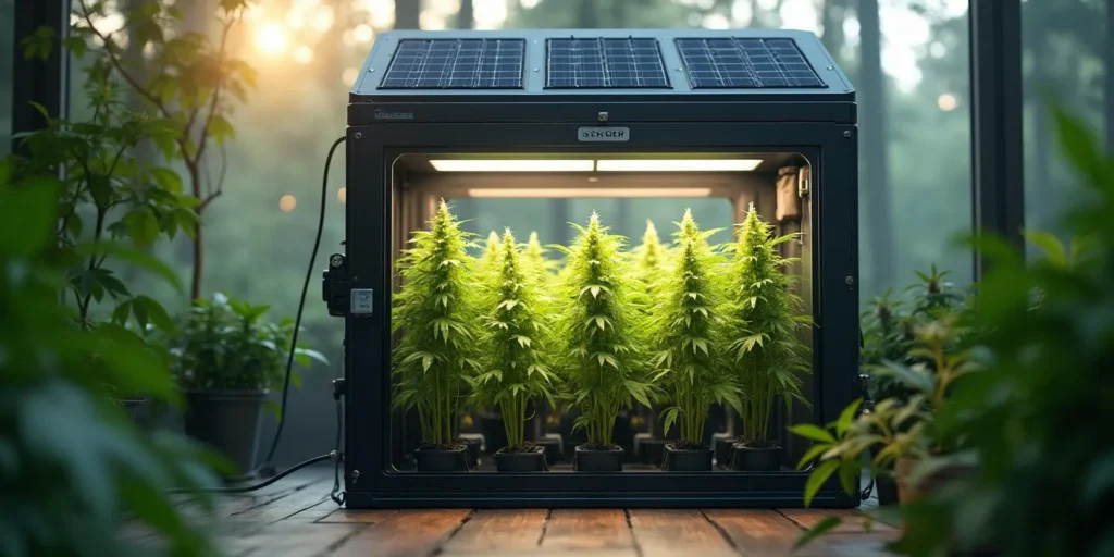 Solarpowered Growbox für effizienten Stromverbrauch mit Cannabispflanzen.