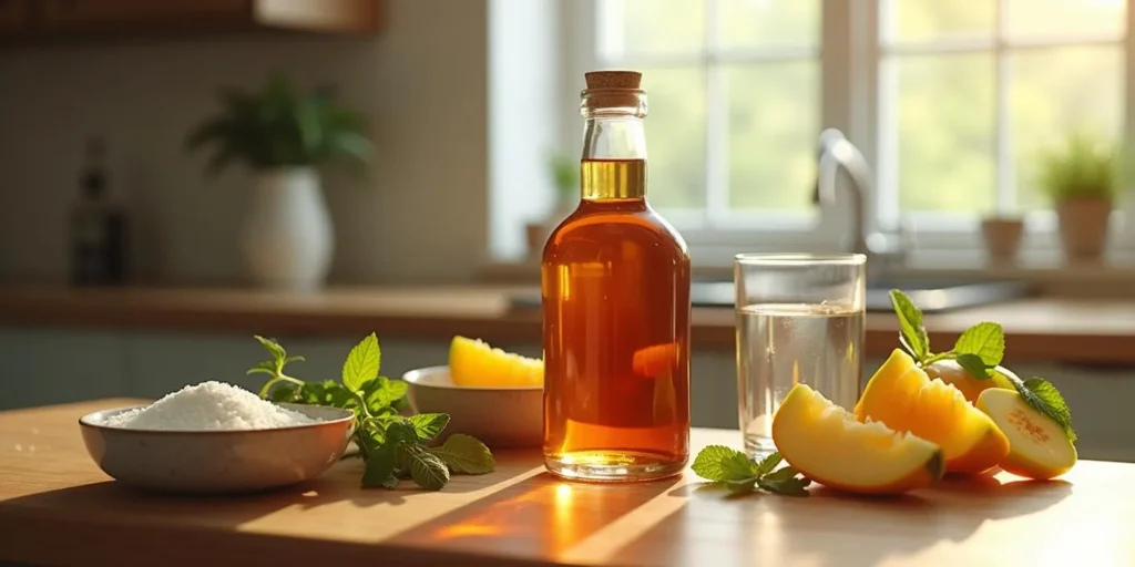 THC Sirup zusammen mit frischen Zutaten und einer Tasse Wasser.