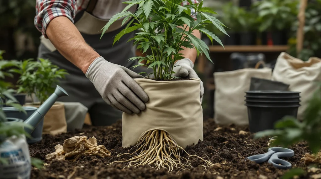 Cannabis Pflanze in einem Stofftopf, die für bessere Belüftung sorgt.