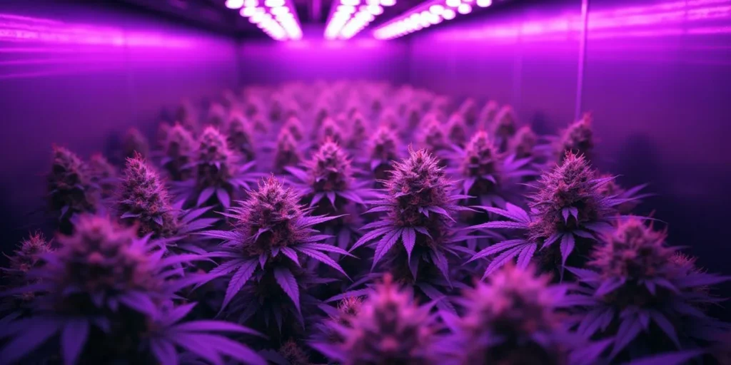 Tropicana Cookies Purple Auto Pflanze im Indoor-Grow mit violetter Beleuchtung.