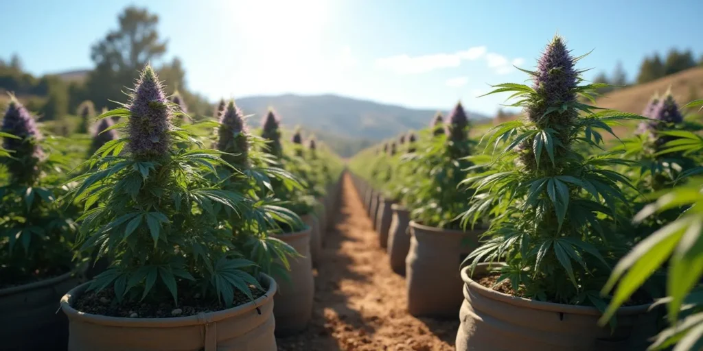 Tropicana Cookies Purple Pflanzen im Freien, die in Töpfen mit violetten Blüten wachsen, unter Sonnenlicht.