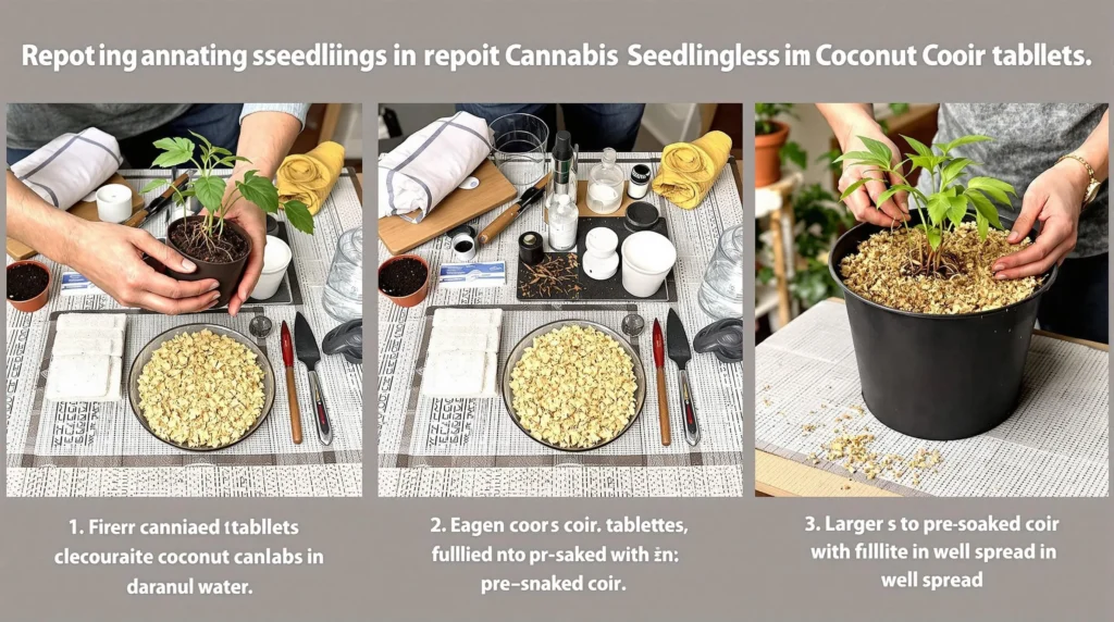 Prozess des Umtopfens von Cannabis Keimlingen in Kokos-Quelltabletten, begleitet von Gartenwerkzeugen und Erde.