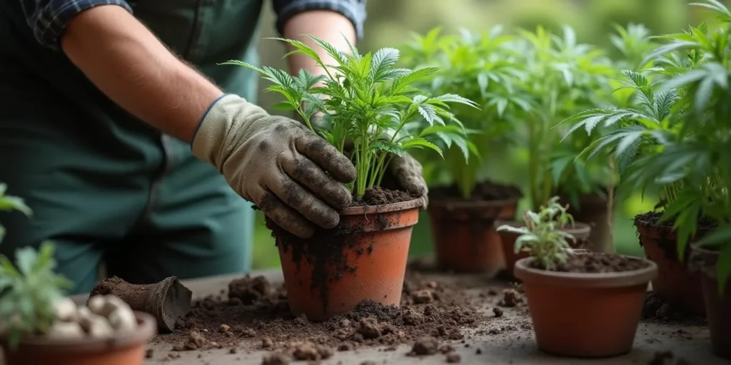 Umsetzen einer Cannabis Pflanze in einen größeren Topf mit frischer Erde.