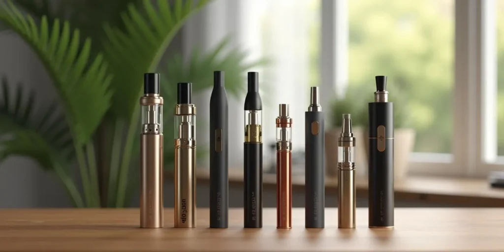 Verschiedene Designs von nachfüllbaren CBD Vape Pens auf einem Tisch, ideal für unterschiedliche Dampferbedürfnisse.