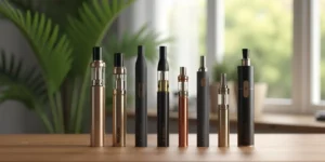 Verschiedene Designs von nachfüllbaren CBD Vape Pens auf einem Tisch, ideal für unterschiedliche Dampferbedürfnisse.