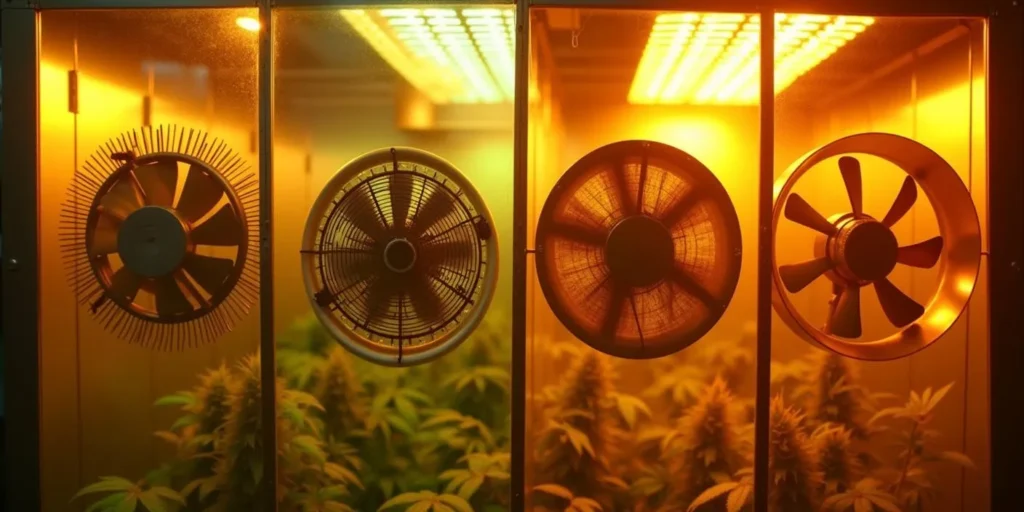 Mehrere Ventilatoren in einer Growbox zur Optimierung der Luftzirkulation für Cannabispflanzen.