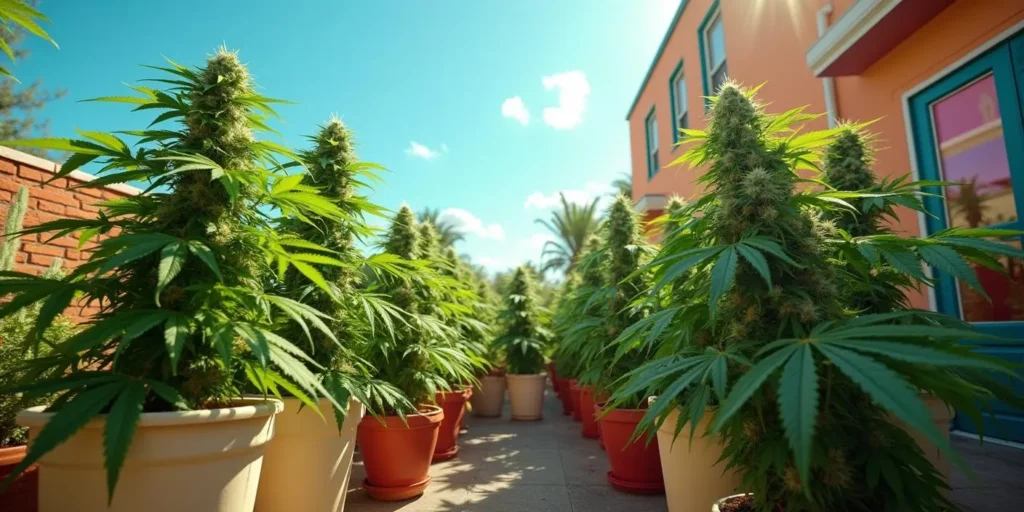 Outdoor-Anbau von Wedding Cake Auto Cannabis, große Blüten und kräftige Pflanzen.