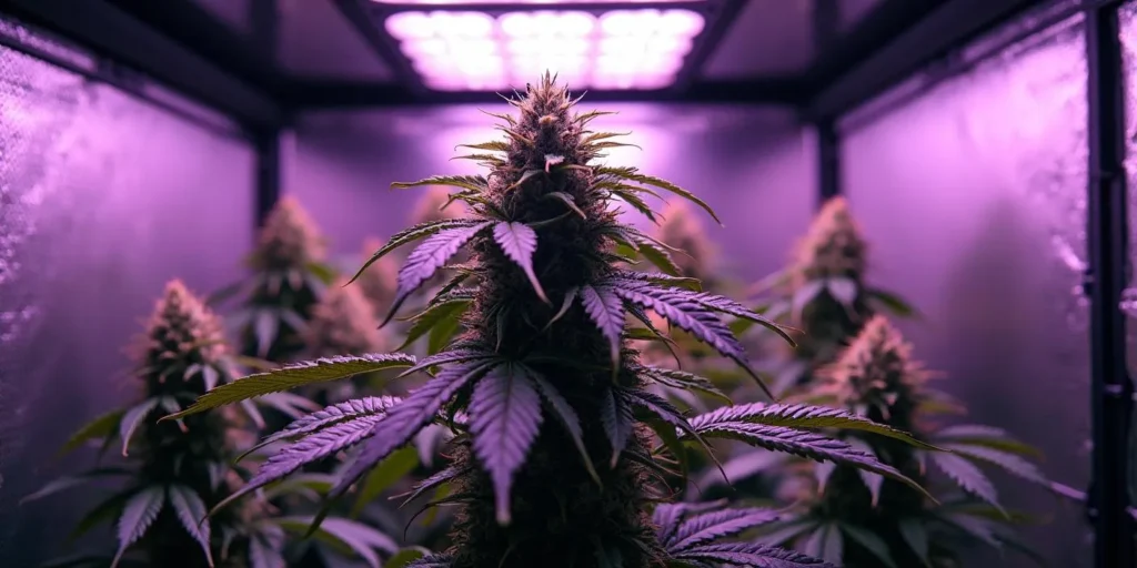 Alaskan Purple Sorte Cannabis im Indoor-Anbau unter LED-Beleuchtung