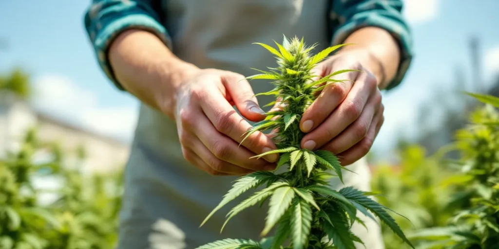 Cannabis-Pflanze wird im Outdoor-Anbau per Hand getoppt.