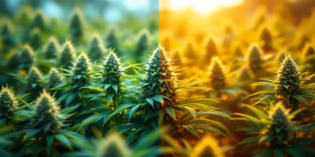 Bestäubte Cannabispflanzen im Vergleich: Natürliche vs. sonnenbestrahlte Blüte.