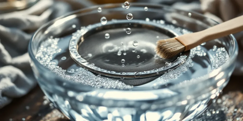 Bong Sieb wird mit Wasser und Bürste gereinigt.