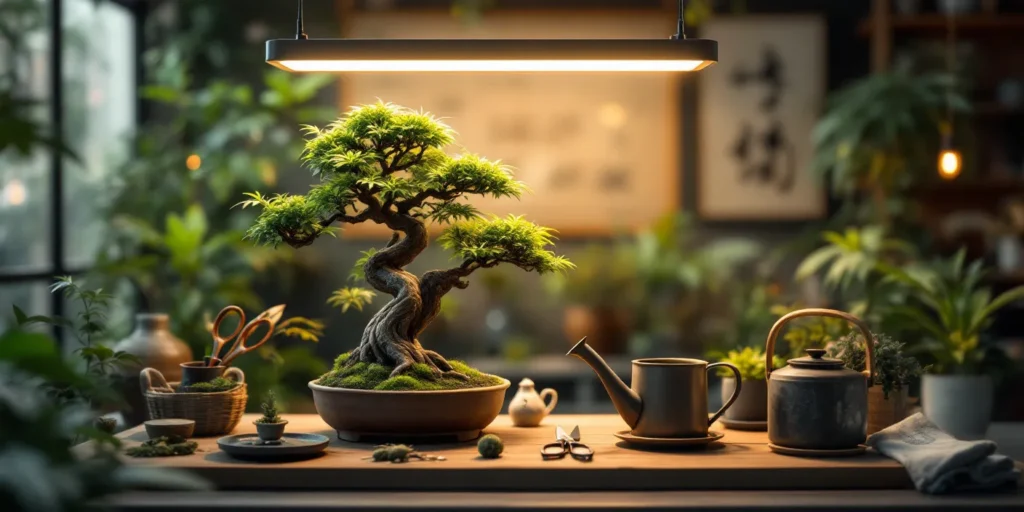 Bonsai Cannabis unter LED-Licht in einem harmonischen Indoor-Garten.