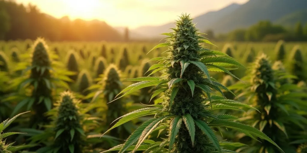 CR+ Sorte Cannabisblüte im Freien bei Sonnenuntergang