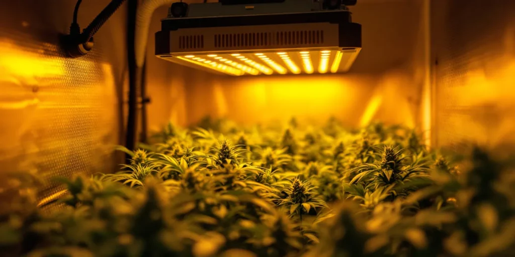 Cannabis-Growbox für 6 Pflanzen in der Blütephase unter LED-Licht.