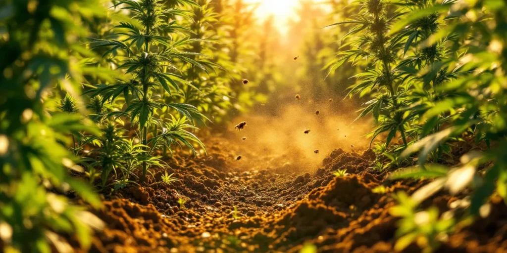 Cannabis-Pflanzen auf einem Feld mit natürlicher Schädlingskontrolle durch Neemöl.