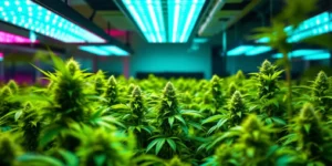 Cannabisblüten unter intensiver LED Weed Grow Beleuchtung.