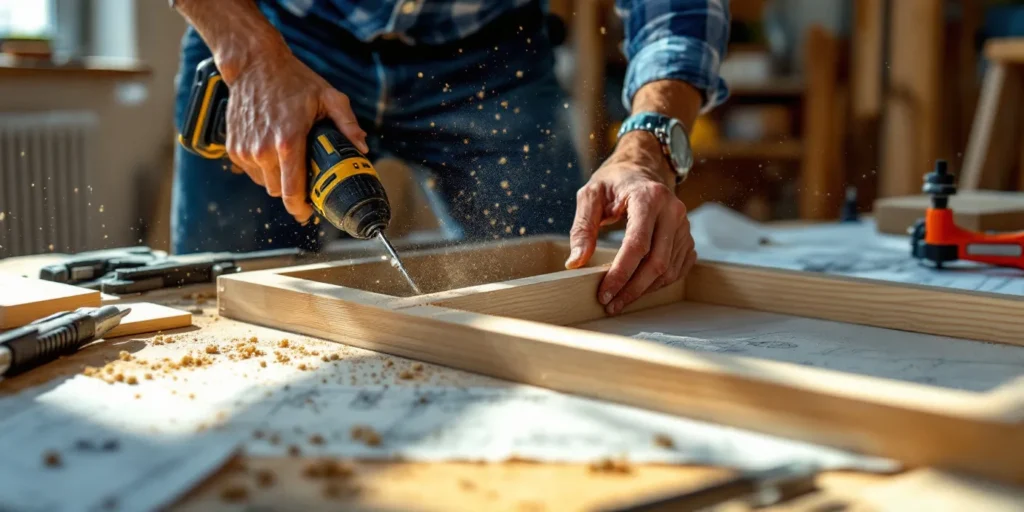 Handwerker baut eine Growing Box aus Holz mit Werkzeug.