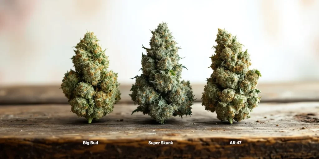 Drei verschiedene Colas von Weed-Sorten: Big Bud, Super Skunk und AK-47.