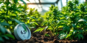 Ein pH-Messgerät zeigt den idealen Wert von 6,5 für den Cannabis-Anbau in Erde.