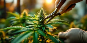 Handschuhtragende Person, die Cannabis-Pflanze für optimales Wachstum toppt.