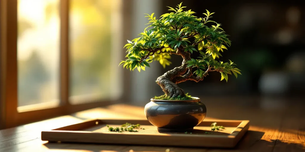 Eleganter Bonsai Cannabis in einer stilvollen Schale am Fenster.