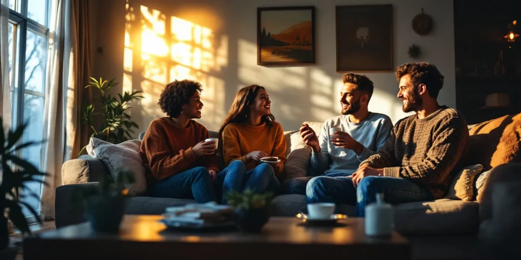 Freunde genießen Weed Brownies in gemütlicher Atmosphäre.