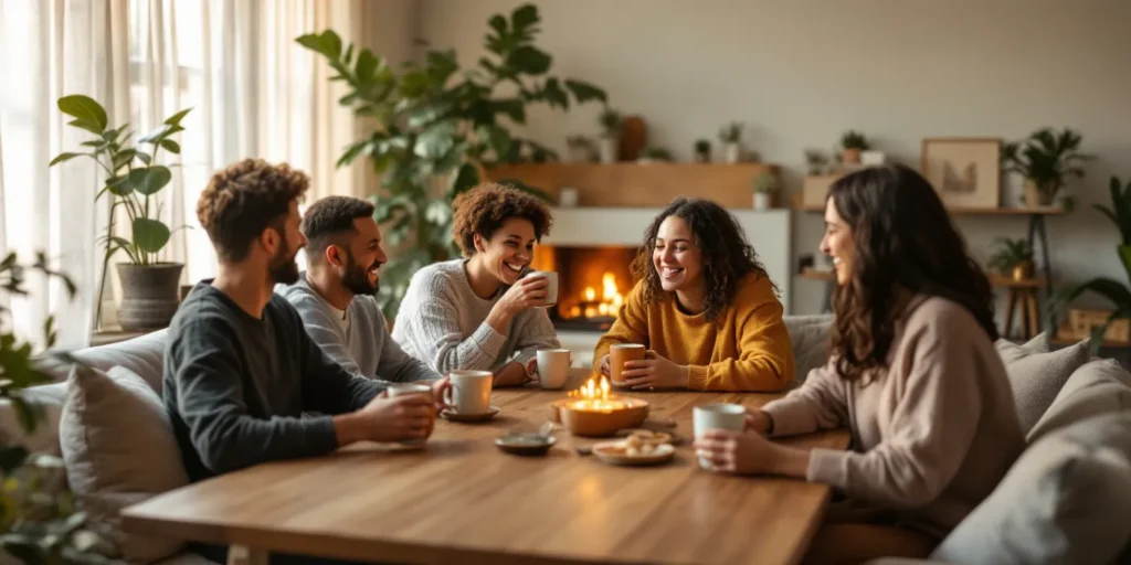 Freunde genießen gemeinsam hausgemachten Hash-Kakao in gemütlicher Atmosphäre.