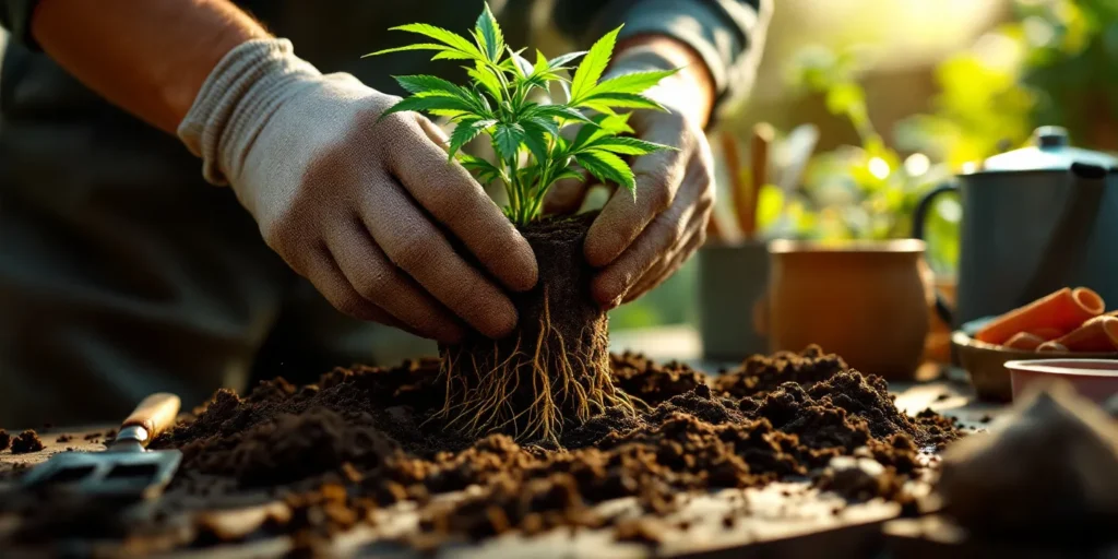 Gärtner setzt eine Cannabis-Pflanze mit sichtbaren Wurzeln in neue Erde.