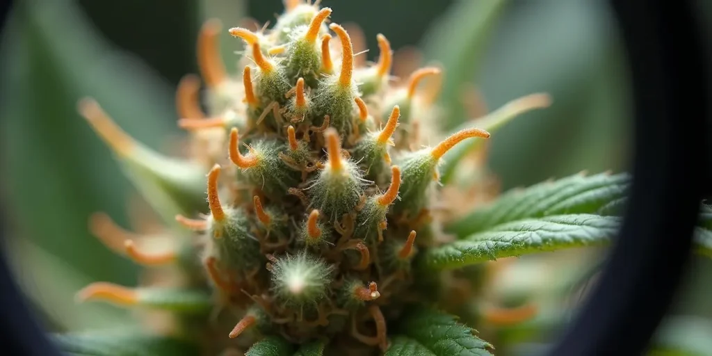 Detailaufnahme der Gorilla Punch Auto Blüte mit orangefarbenen Trichomen