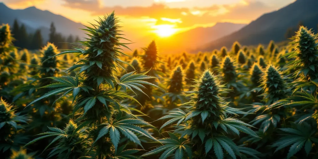 Große Colas von Weed in einem Outdoor-Cannabisfeld bei Sonnenuntergang.