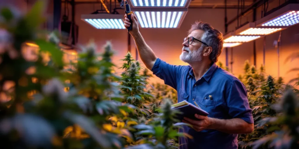 Grow-Experte überprüft Cannabis LED Beleuchtung im Indoor-Grow.