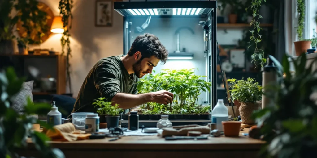 Growbox für 6 Pflanzen mit LED-Beleuchtung in einer Wohnung.