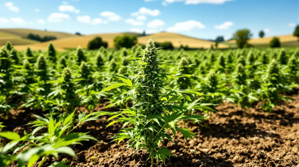 Feld mit HB-Autoflower Pflanzen in voller Blüte. Optimale Wachstumsbedingungen.