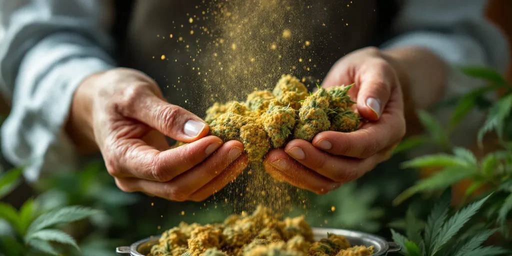 Hände sieben Cannabis mit einem Dry Sift Sieb für sauberes Kief.