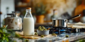 Hasch Milch wird in einer Küche mit Cannabis-Blüten zubereitet.