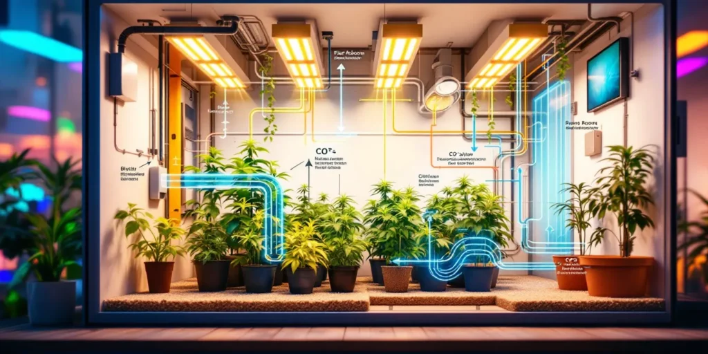 Diagramm eines abluft grow Belüftungssystems in einem Anbauraum, das die Luft- und CO2-Routen zeigt.