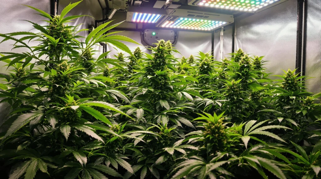 Indoor-Cannabiszucht der Sorte Carbon Fiber mit LED-Beleuchtung