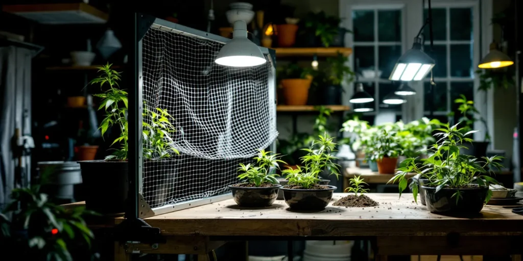 Indoor SCROG-Grow Setup mit Netzstruktur für kontrolliertes Wachstum.