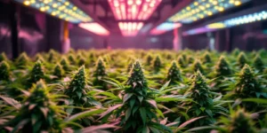 Hightech-LED Grow Lampe für Cannabis mit energieeffizienter Beleuchtung.