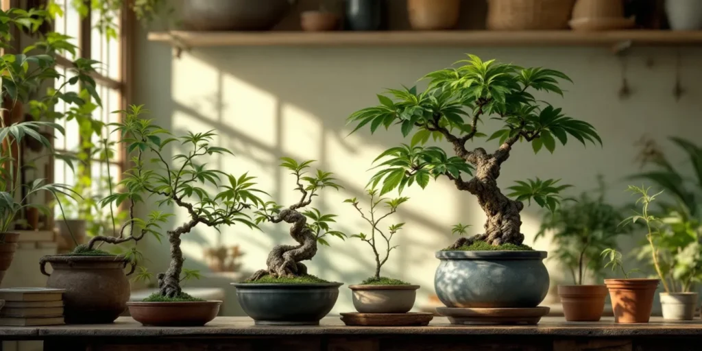 Mehrere Bonsai-Cannabis-Pflanzen in einem hellen Raum mit Naturlicht.