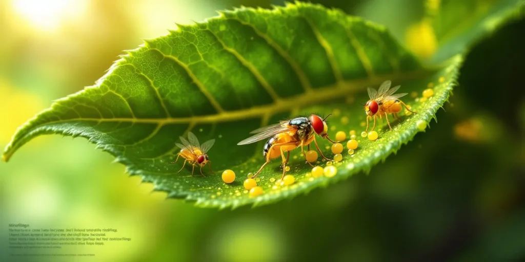 Minierfliegen und Larven auf einem Blatt: Schädlinge im Pflanzenbau.