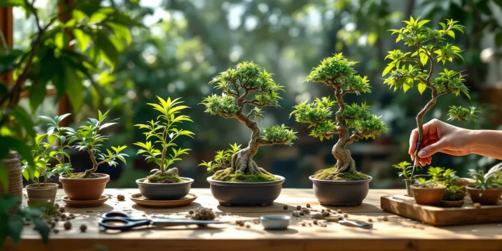 Person trimmt Bonsai Cannabis für optimales Wachstum und Ästhetik.