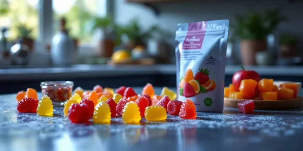 Bunte Potenz Gummibärchen mit Cannabis in einem Glasbehälter, sicher aufbewahrt.