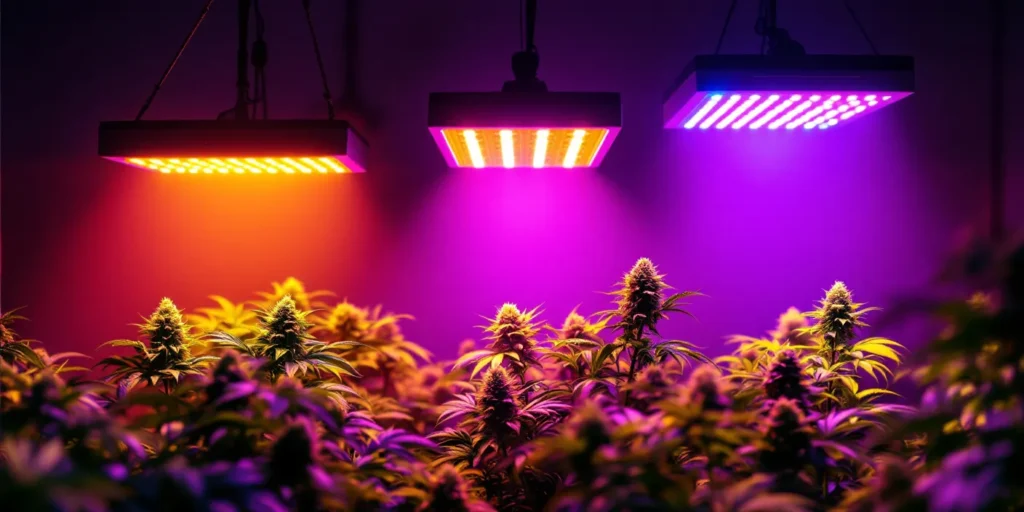 Vollspektrum LED Grow Lampe mit blauem und rotem Licht für Cannabis-Anbau.