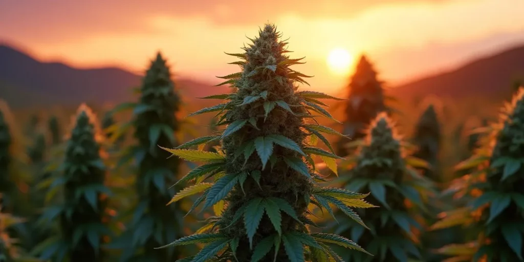 RS11 x Skywalker Cannabispflanzen im Freien bei Sonnenuntergang