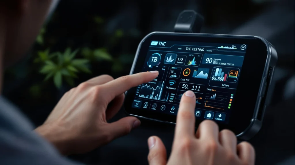 Benutzer interagiert mit einem THC Test Gerät zur Analyse von THC Gehalten.