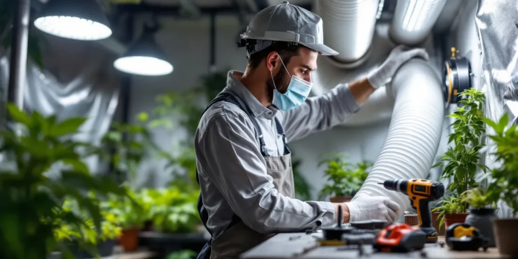 Techniker installiert ein abluft grow Belüftungssystem in einem Anbauraum.