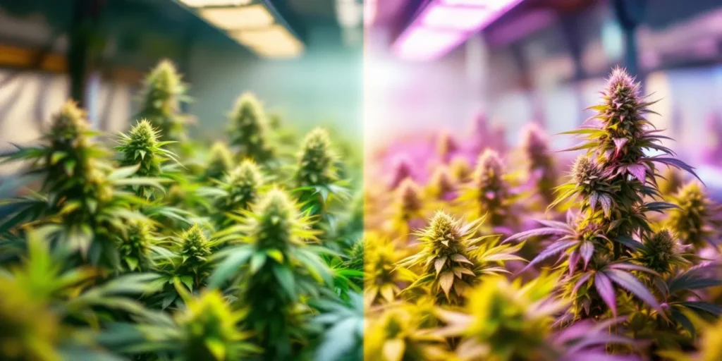 Vergleich von Cannabis-Wachstum unter weißem und LED-Pflanzenlicht.