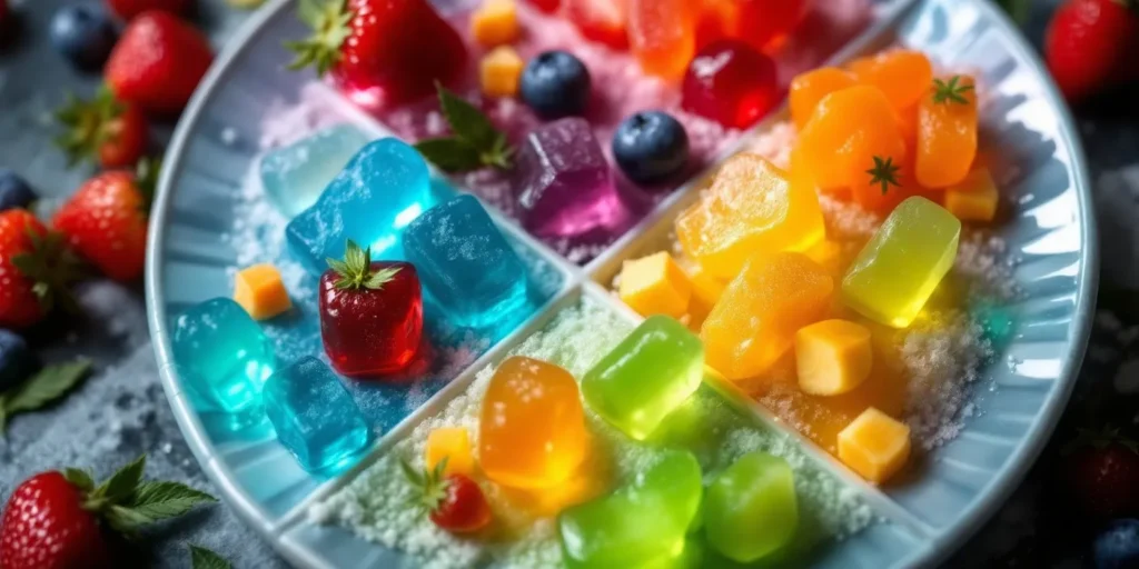 Verschiedene essbare Gummies mit fruchtigen Aromen auf einem Teller.